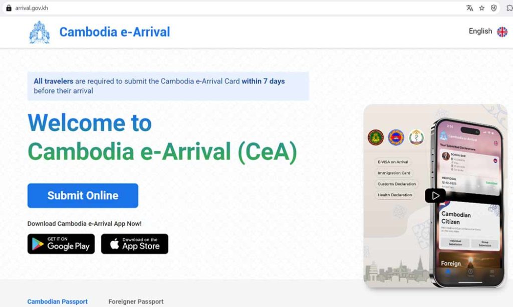 quy định nhập cảnh campuchia đăng ký thẻ đến điện tử cea e-Arrival Card