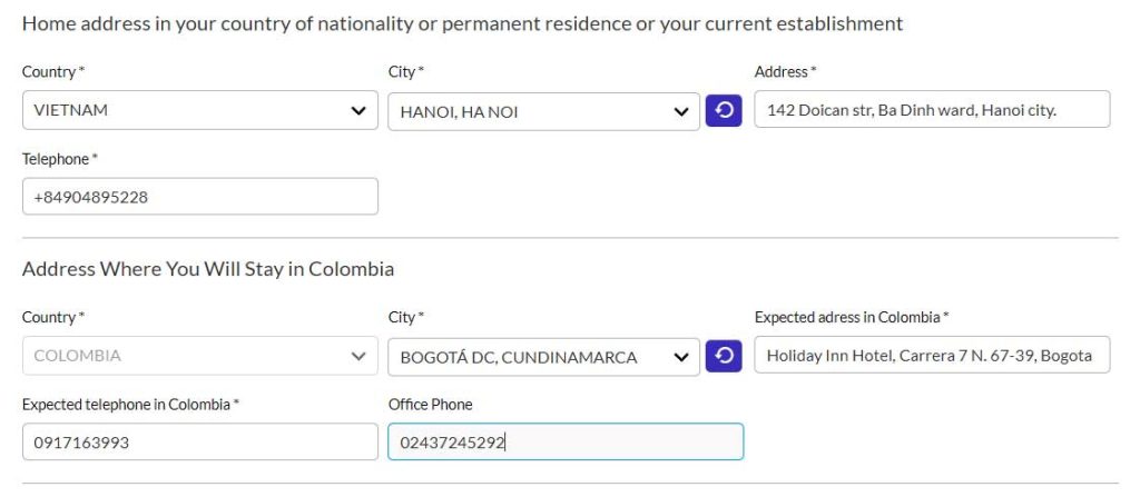 khai form xin visa công tác colombia