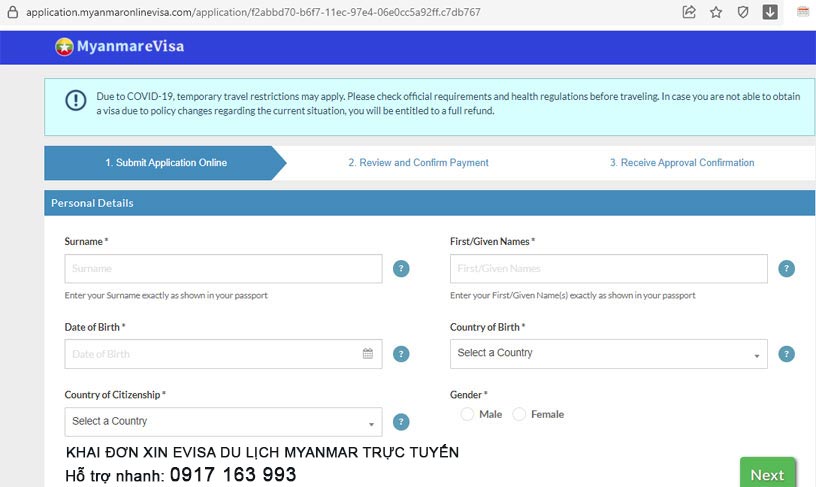 quy trình đăng ký evisa du lịch myanmar 2022